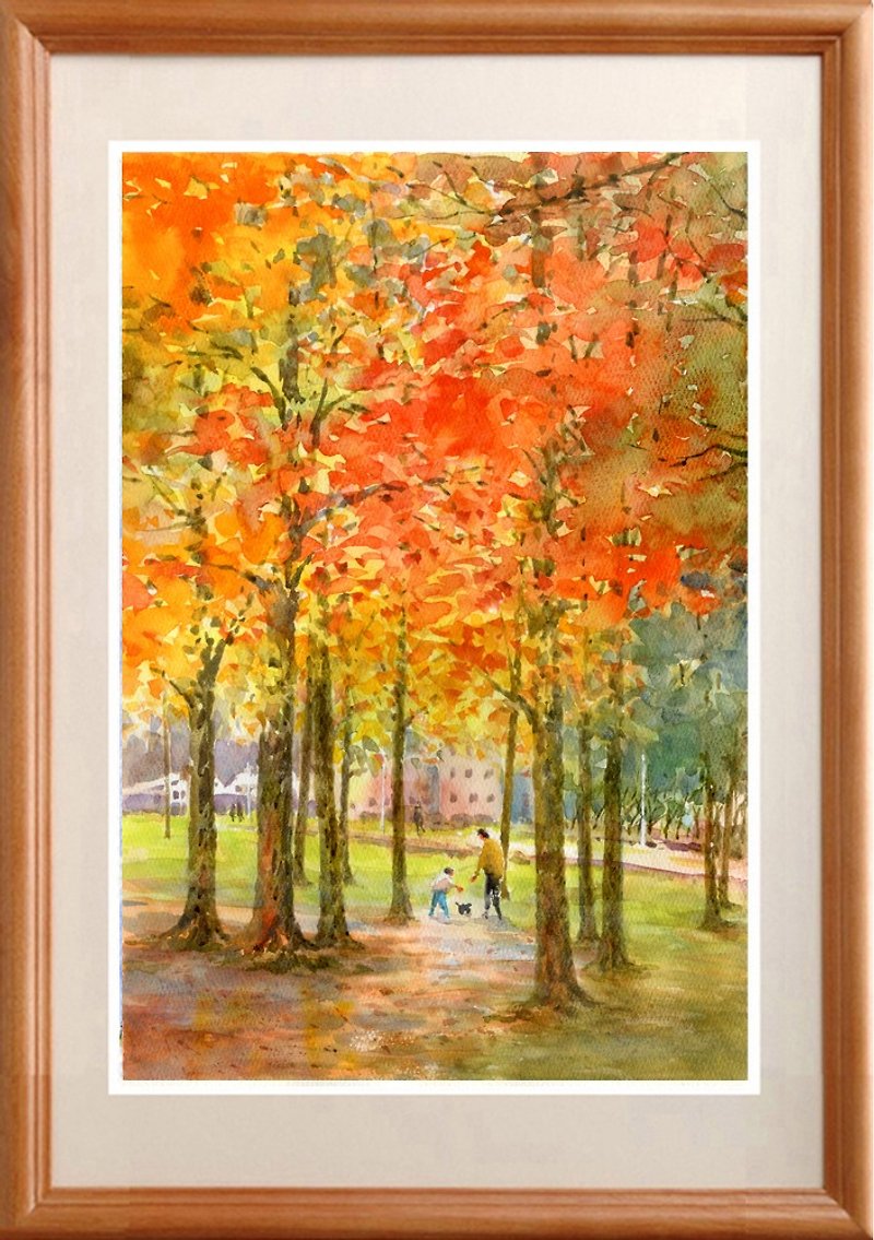 Watercolor picture Original picture Autumn leaves park 3 - โปสเตอร์ - กระดาษ สีส้ม