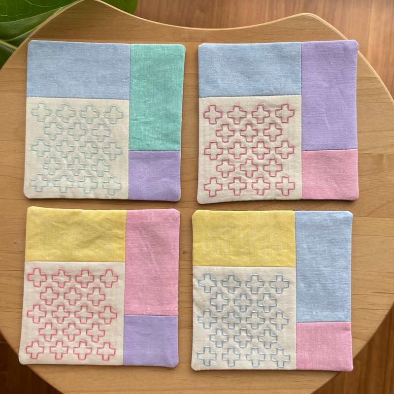 Set of 4 Sashiko Coasters, Patchwork, Colorful, Kitchen Supplies, Gift, Present, Birthday, Christmas, Cafe, Coffee, Kitchen Supplies, Pink, Purple - Coasters - Cotton & Hemp Blue