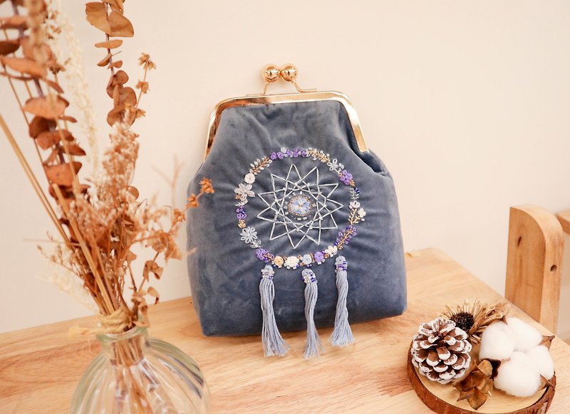 Handmade Embroidery Floral Dreamcatcher Bag (Velvet) | Blue - Messenger Bags & Sling Bags - Thread Blue