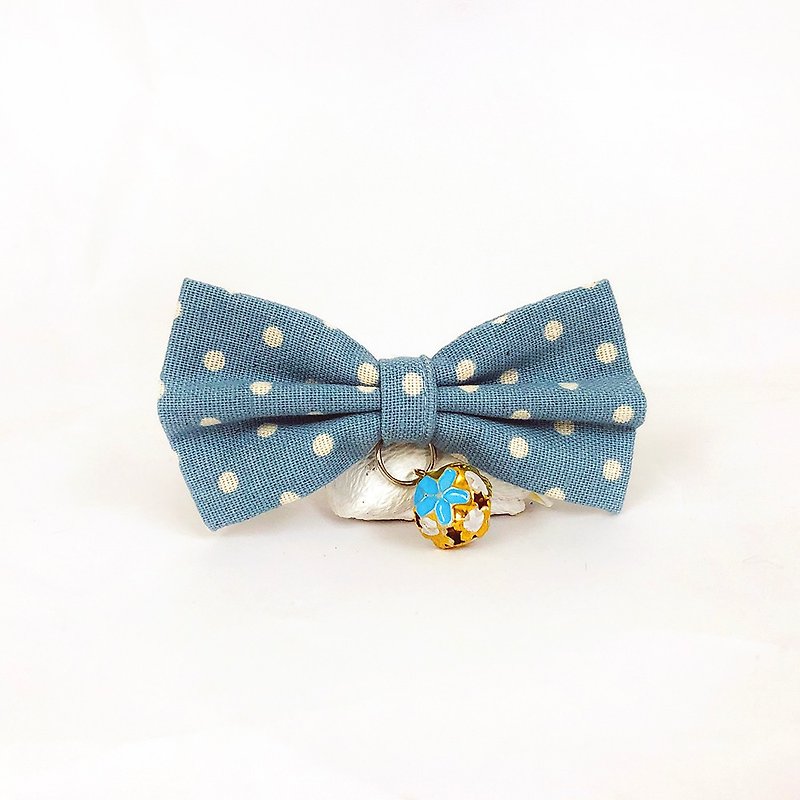 Sky blue dotted cat mini dog small dog bow decoration collar - ปลอกคอ - ผ้าฝ้าย/ผ้าลินิน สีน้ำเงิน
