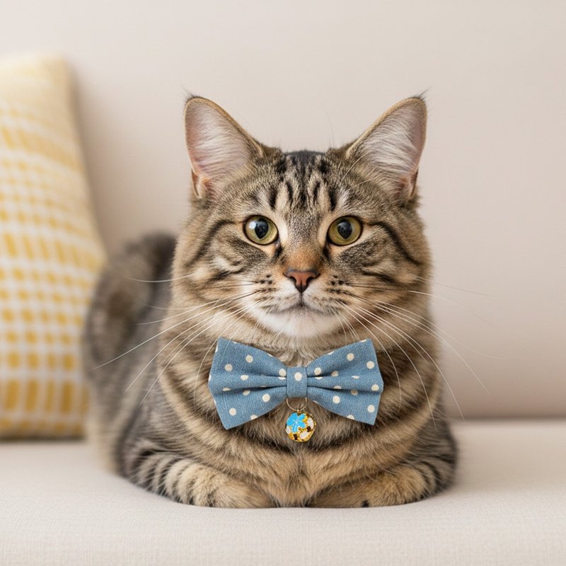 Sky Blue Polka Dot Collar for Cats, Mini Dogs, Small Dogs with Bow Decoration - ปลอกคอ - ผ้าฝ้าย/ผ้าลินิน สีน้ำเงิน
