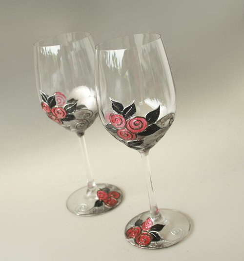 NeA Glass Crystal Wine Glasses Roses Hand-painted, set of 2