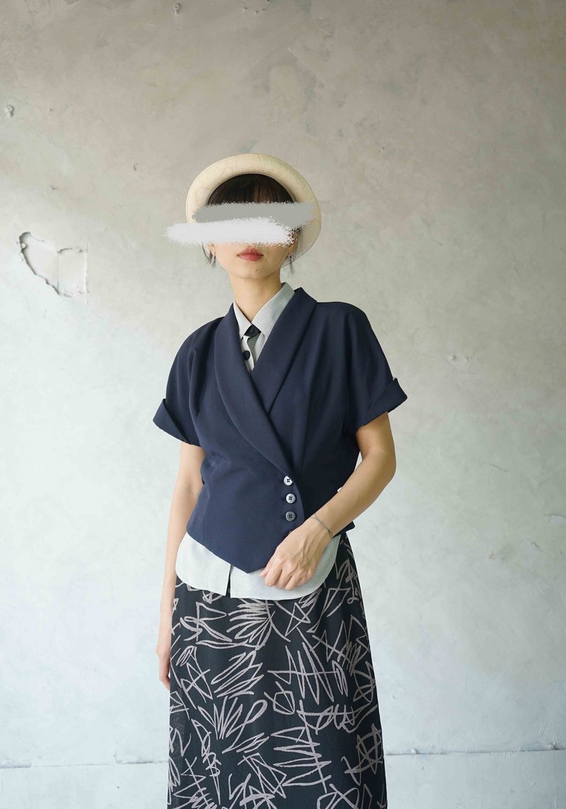 尋寶古著-深藍色復古短版絲瓜領西裝外套 - 女西裝外套 - 聚酯纖維 藍色