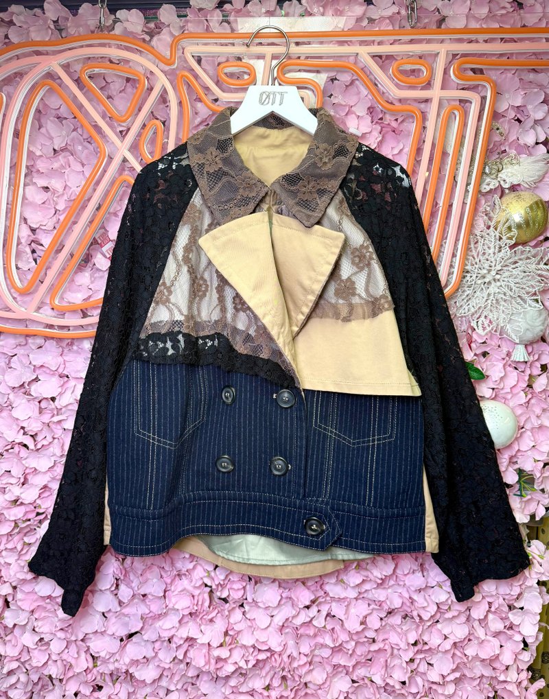 OTT獨一無二•Unique日系撞色蕾絲條子絨假兩件乾濕褸外套 - 女大衣/外套 - 羊毛 卡其色