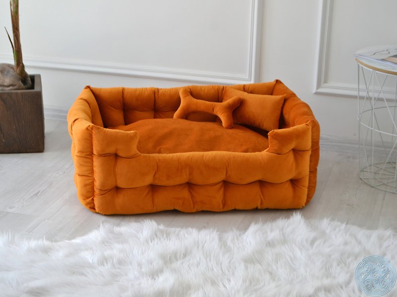 Dog Bed, Handmade Dog Bed, Large dog bed, Extra large size, Orange Dog Bed - ที่นอนสัตว์ - ไฟเบอร์อื่นๆ สีส้ม