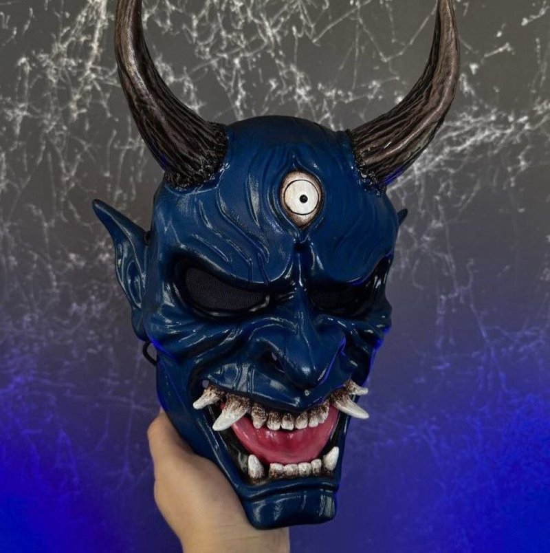 DBD Oni mask Blue wearable, Japanese Demon mask, Dark Hannya mask, Oni Decor - 口罩/口罩收納套 - 樹脂 藍色