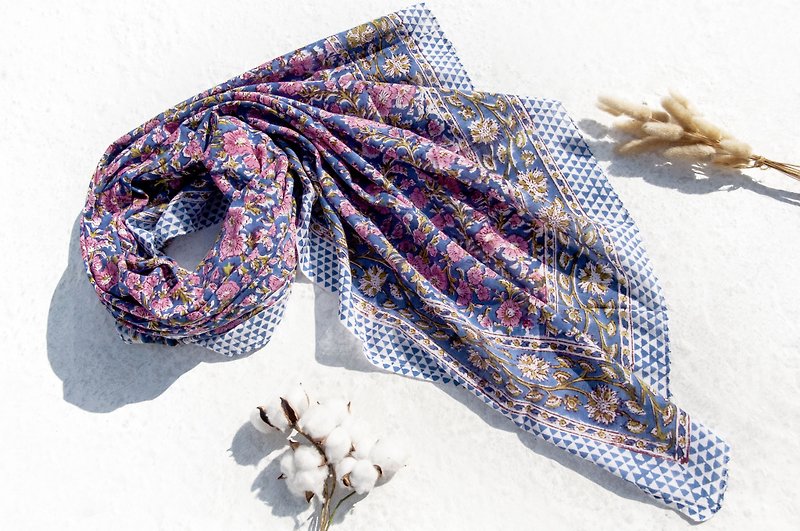 Hand-woven scarf woven scarf super large pure cotton silk scarf handmade woodcut printing plant dyeing scarf wood dyed cotton - Knit Scarves & Wraps - Cotton & Hemp Multicolor