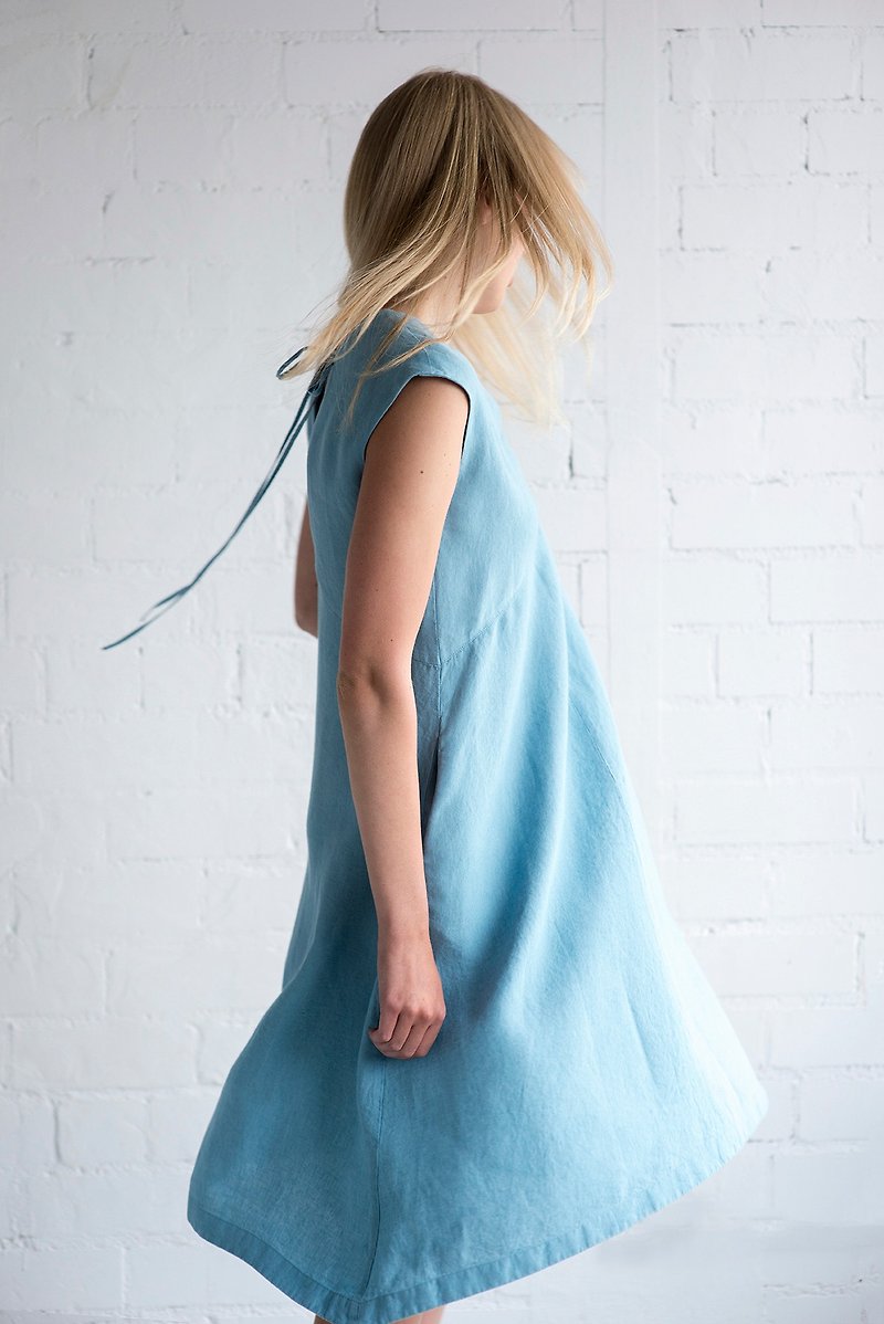 Linen Dress Motumo – 17S3 / Handmade loose and sleeveless linen dress  - ชุดเดรส - ลินิน 