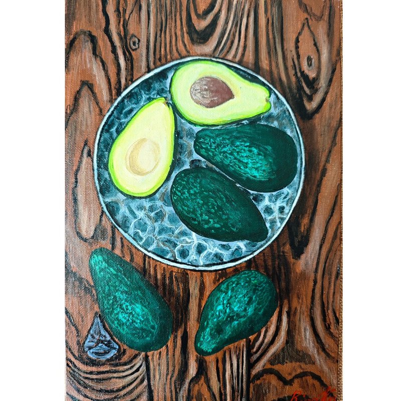 逼真的酪梨靜物畫 木板背景 現代廚房裝飾美食藝術 作者 RinaArtS - 壁貼/牆壁裝飾 - 其他材質 多色