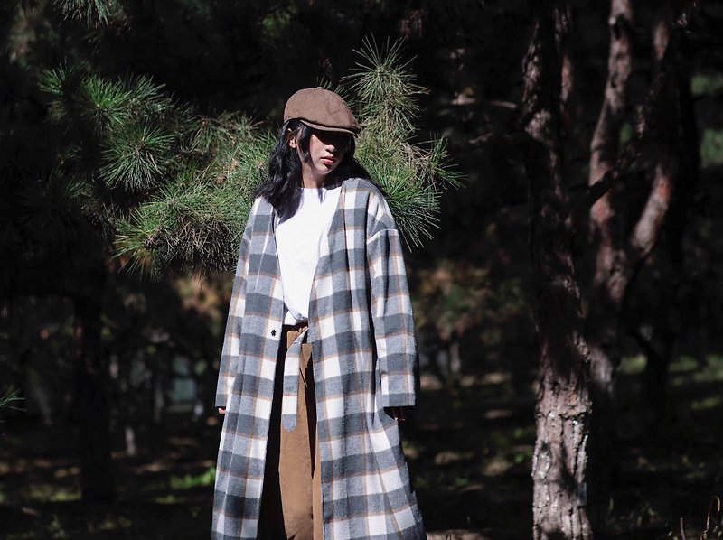 Japanese retro plaid long coat - Women's Blazers & Trench Coats - Other Materials Gray