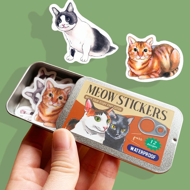 Cat Stickers with tin box packaging - สติกเกอร์ - วัสดุกันนำ้ สีเขียว