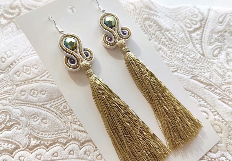 金耳環 流蘇耳環 Long Gold Earrings Embroidered soutache Boho olive Earrings dangle - Earrings & Clip-ons - Other Materials Gold