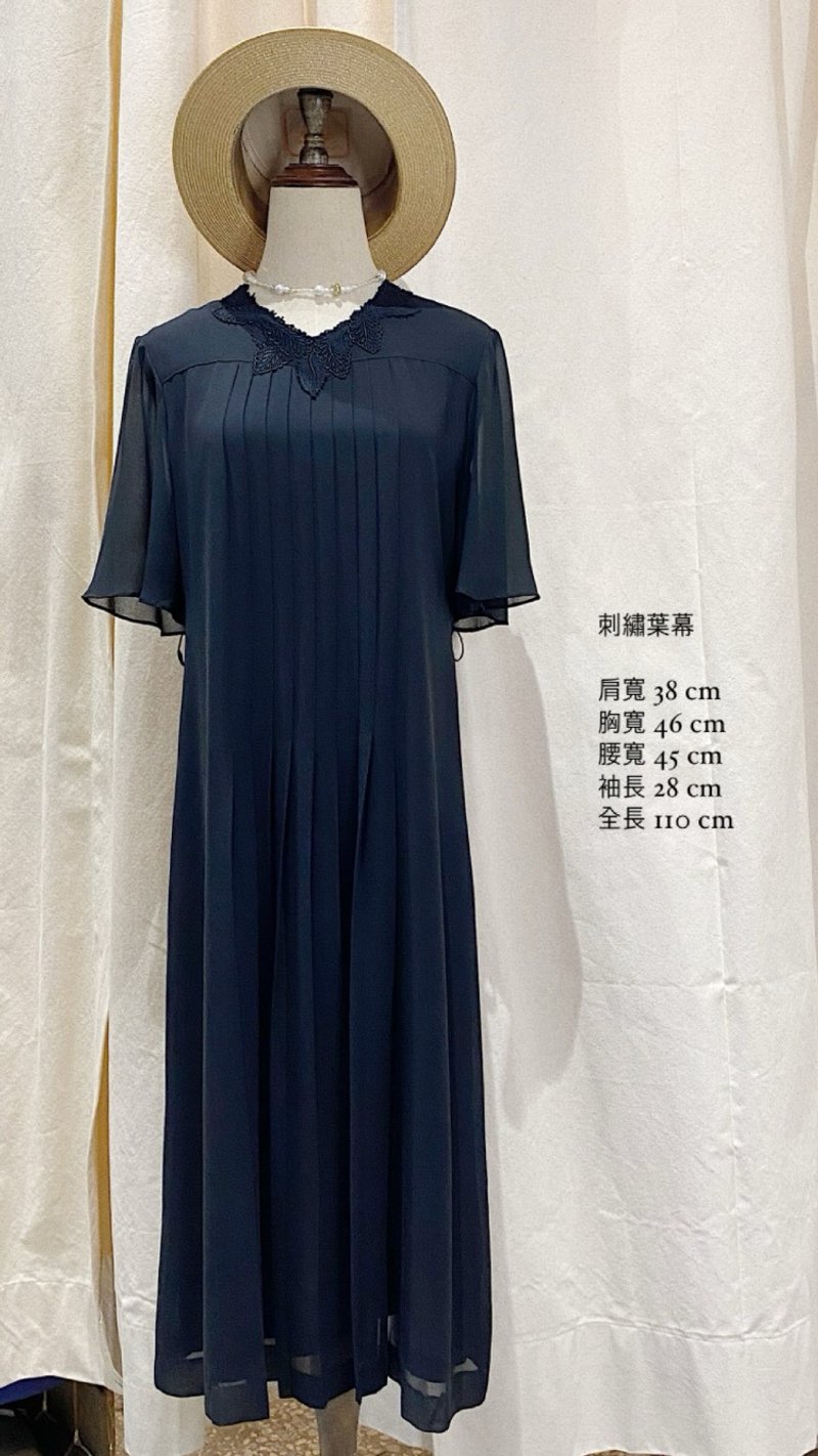 刺繡葉幕黑色古著洋裝 - 洋裝/連身裙 - 聚酯纖維 黑色