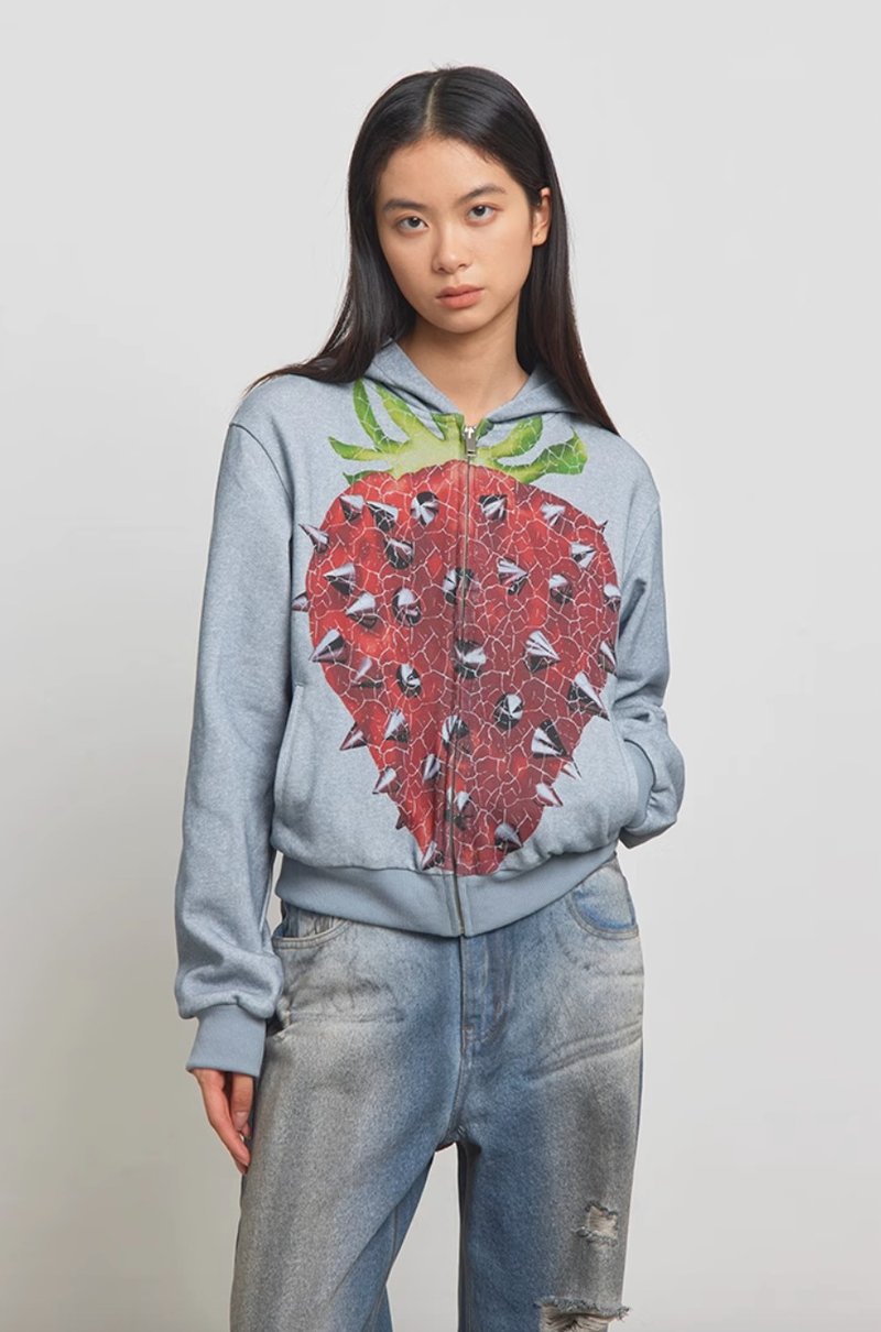 Punk Strawberries Hoodie 朋克草莓裂紋印花短款衛衣 - 帽T/大學T - 其他材質 藍色