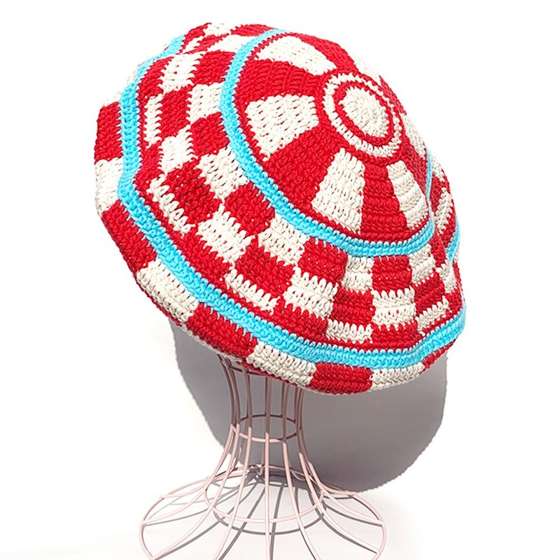 [Crochet Beret] RED×OFF Block Check Crochet Beret - หมวก - ผ้าฝ้าย/ผ้าลินิน สีแดง