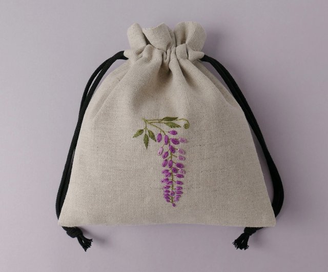 藤の花 リネンの手刺繍巾着ポーチ - Shop hokoromori Toiletry Bags