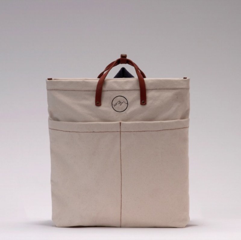 [Spanish handmade] Ölend Lia 100% cotton | leather | zipper backpack / computer bag (Ecru beige) - กระเป๋าเป้สะพายหลัง - ผ้าฝ้าย/ผ้าลินิน ขาว