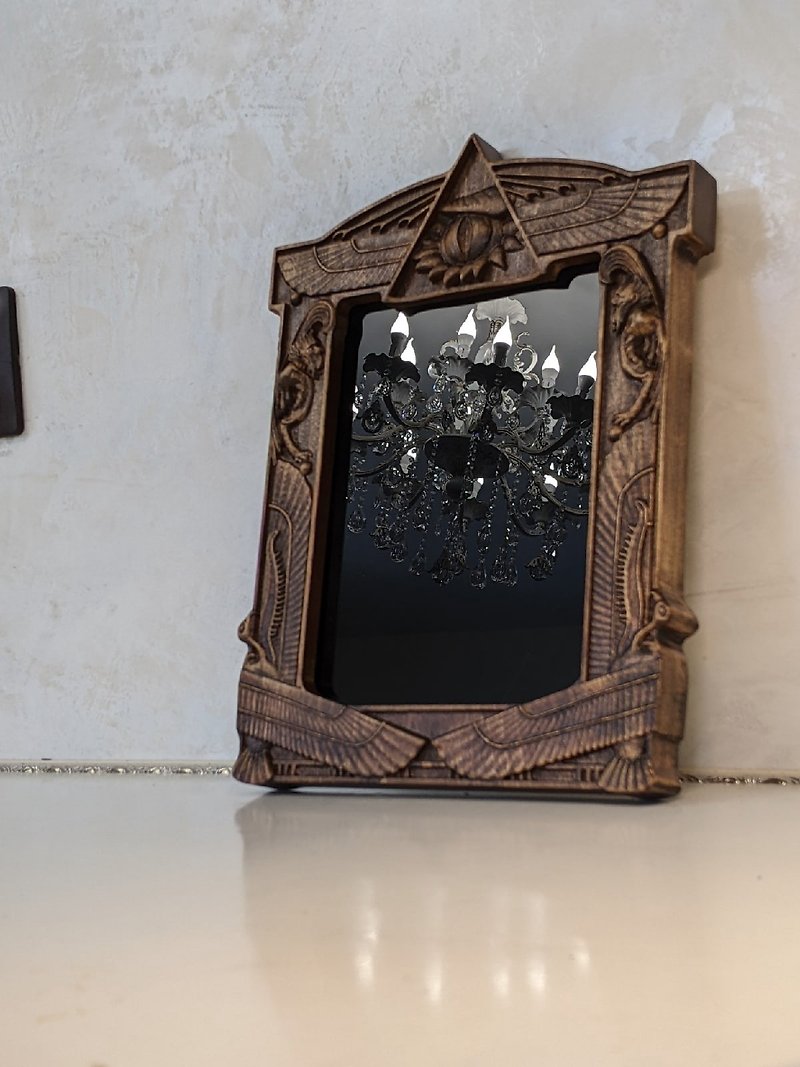 悪魔の鏡、木彫りの壁鏡、魔女の祭壇タイル - ウォールデコ・壁紙 - 木製 ブラウン