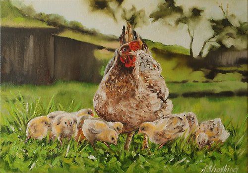 GalleryPaintingsArt Original Oil Painting Farm Animal, Mother Hen & Baby Chicks Wall Art, Farmhouse