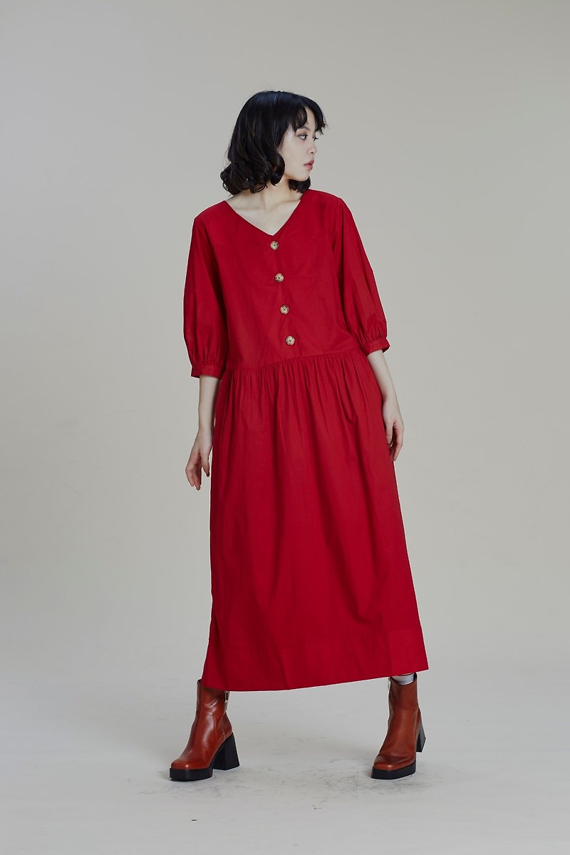 Shan Yong 紅色五分泡泡袖長版洋裝 - 連身裙 - 棉．麻 