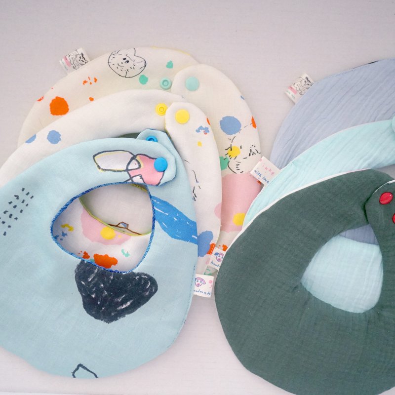 Yinke 接一口愛印花手工製作雙面用 嬰兒口水巾/圍兜兜 蛋型版型 - 圍兜/口水巾 - 棉．麻 多色