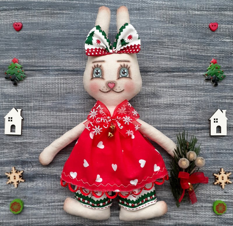 Christmas decoration,Fabric stuffed Bunny,soft rabbit,handmade cloth toy doll - Stuffed Dolls & Figurines - Cotton & Hemp Red