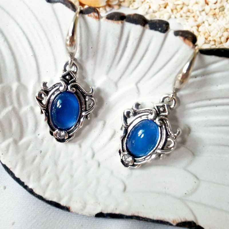 European style carved agate earrings-blue agate 925 sterling silver - Earrings & Clip-ons - Sterling Silver Silver
