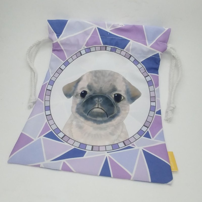 Mosaic Animal Drawstring Bag, Pugs - กระเป๋าหูรูด - วัสดุอื่นๆ สีม่วง