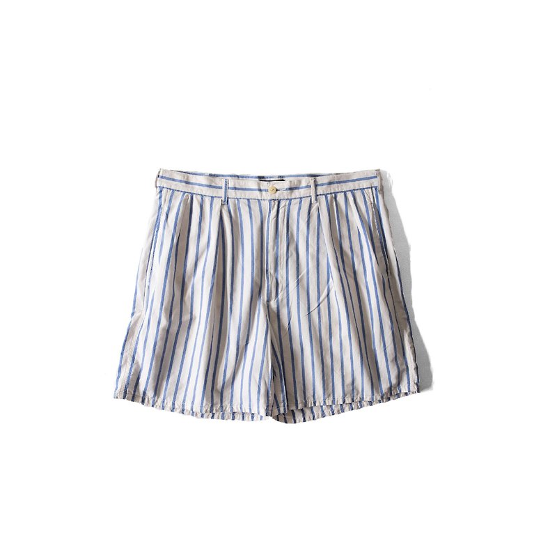 A PRANK DOLLY-Vintage (35 waist) brand POLO white and blue straight striped shorts - กางเกงขาสั้น - ผ้าฝ้าย/ผ้าลินิน สีน้ำเงิน