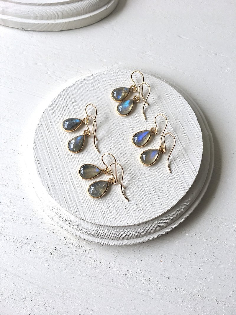 Labradorite bezel Stud-earring(14kgf), Clip-earring(brass) - Earrings & Clip-ons - Stone Blue