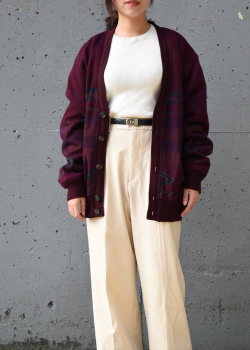 老爺夫人 Vintage ALL NEW WOOL 羊毛開襟外套 紫紅圖騰