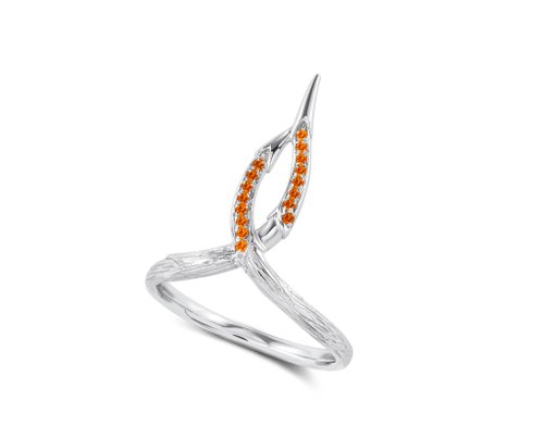 Majade Jewelry Design 橘橙寶石14k金結婚戒指 扭曲藤蔓樹皮婚戒 自然靈感樹枝環長戒指