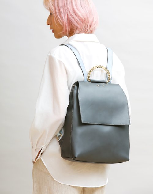 RBRK Designer handbag & Accessories 上班族淑女風簡約流線型素皮革筆電後揹包 多間格拼色背帶炭灰色
