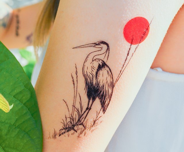 Sunset Heron Japanese Japan Bird River Long lasting Temporary Tattoo  Sticker MIT  Shop LAZY DUO TATTOO Temporary Tattoos  Pinkoi