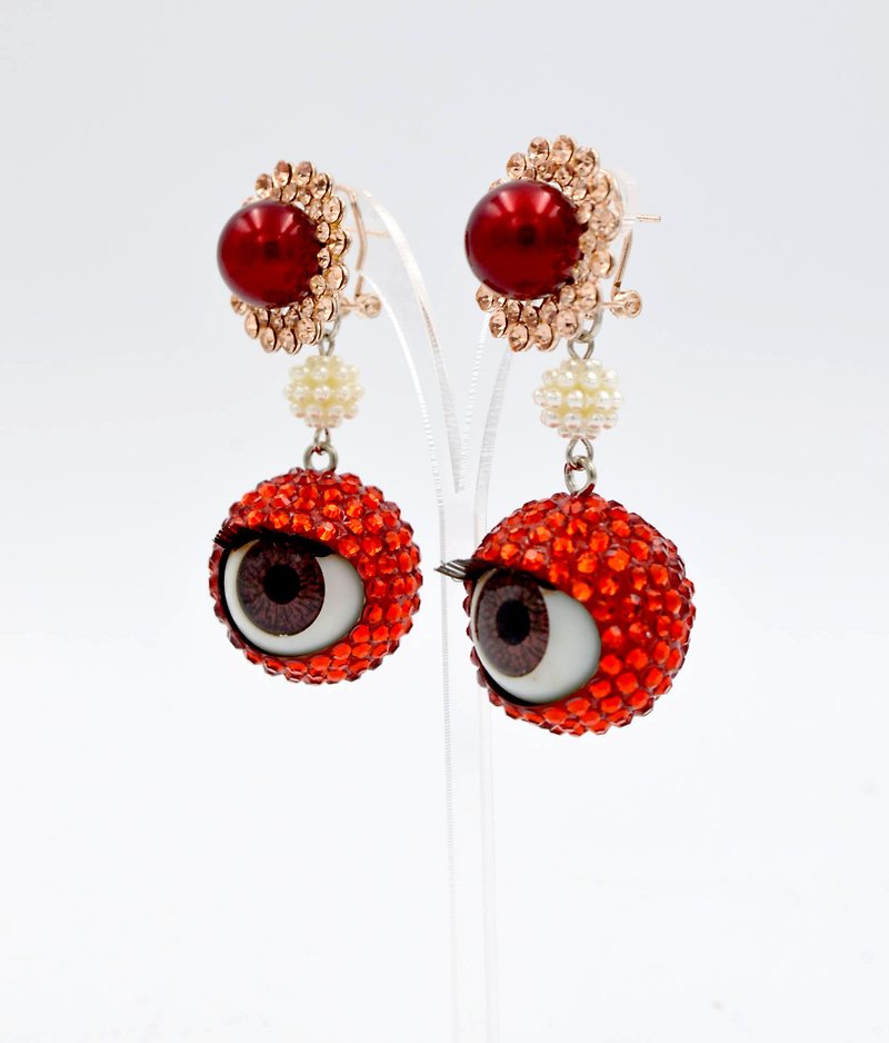 火紅色 施華洛水晶球 眼珠耳環一對 20mm 眨眼 睡眼 眼球 swarovski crystal - 耳環/耳夾 - 其他金屬 紅色