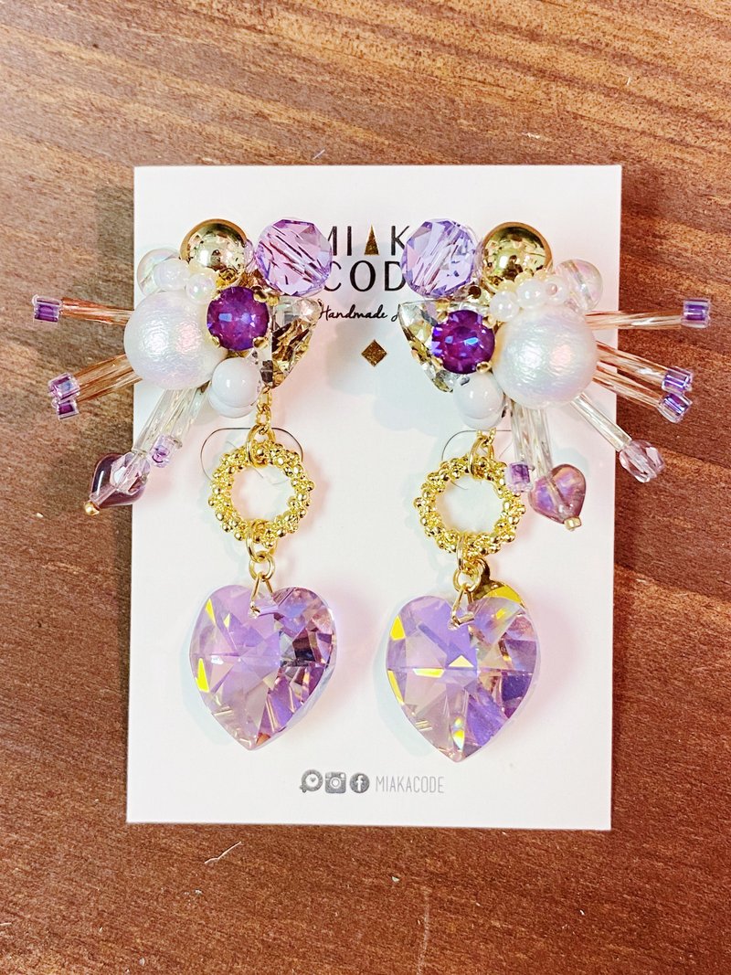 (Purple series) Hand-beaded multi-wear crystal love Japanese earrings/ Clip-On - Earrings & Clip-ons - Other Materials Purple