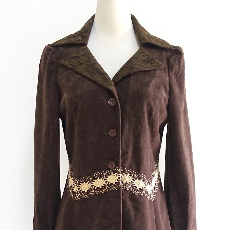 │Slowly│Embroidery. Lace edge-vintage coat. One-piece dress│vintage. Retro. Art. - Women's Casual & Functional Jackets - Polyester Brown