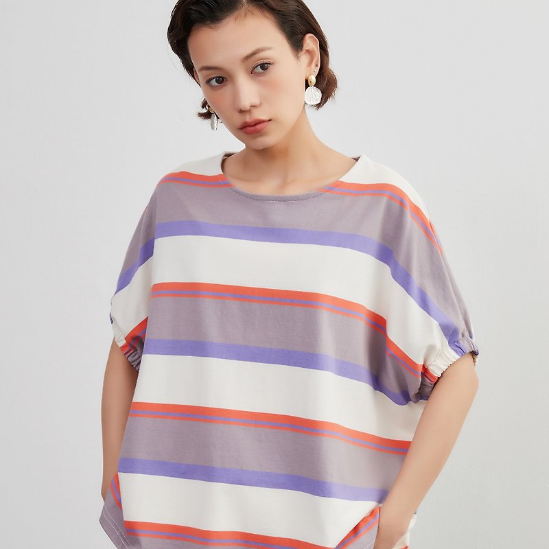 Short sleeve, striped T-shirt, 100% cotton, dolman sleeve, top, pullover, loose fit - เสื้อยืดผู้หญิง - ผ้าฝ้าย/ผ้าลินิน สีม่วง
