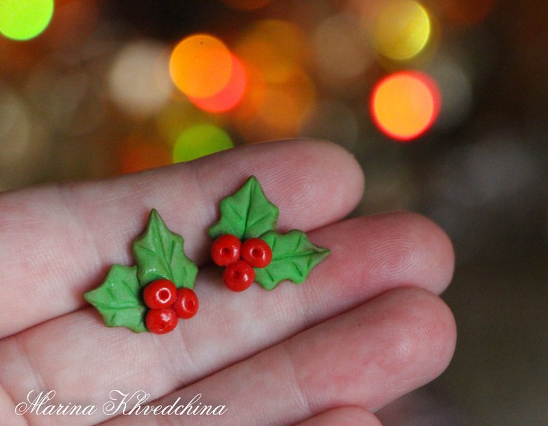 Holly studs Christmas holly earrings Xmas gifts Holiday present - Earrings & Clip-ons - Other Metals Multicolor