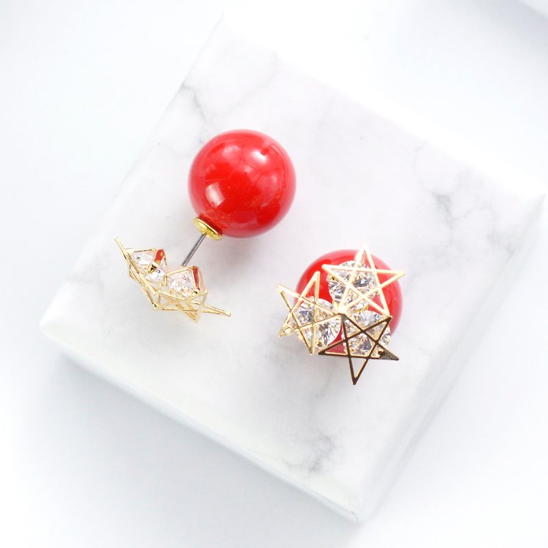Limited Edition 3 stars red bead earrings - ต่างหู - วัสดุอื่นๆ สีแดง