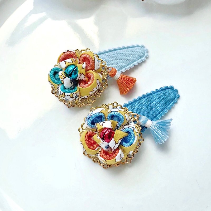 Archaic Japanese style and wind cloth flower tassel tannin denim baby child drop clip - Baby Accessories - Other Materials Blue