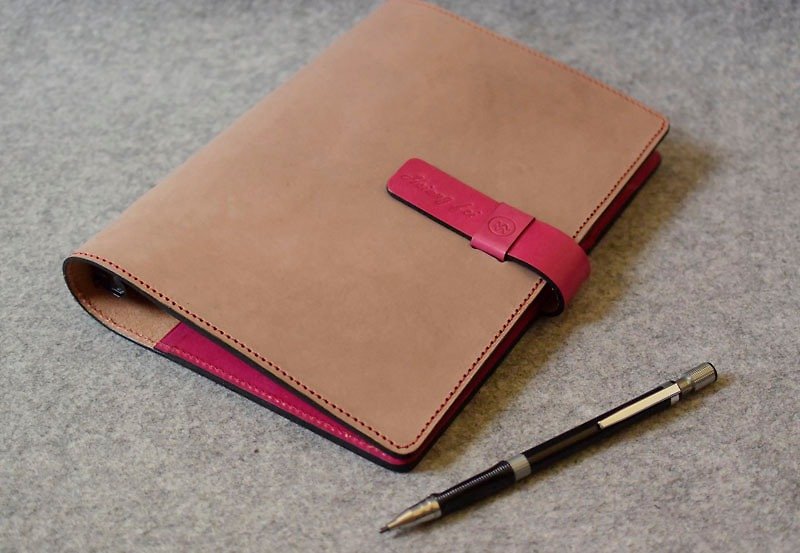 Plug-in loose-leaf notebook + double L laminated wood color leather + bright peach - สมุดบันทึก/สมุดปฏิทิน - หนังแท้ 