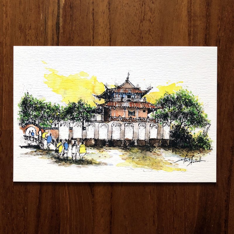 Hand-painted postcard with dead branches sketching Tainan historic site Chihkan Tower illustration - Cards & Postcards - Paper 