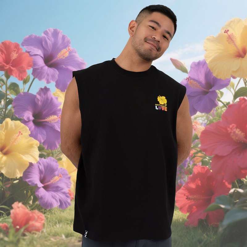 【花・盛開】扶桑LOVE寬肩背心黑款(男女適用) - 男背心 - 其他材質 黑色