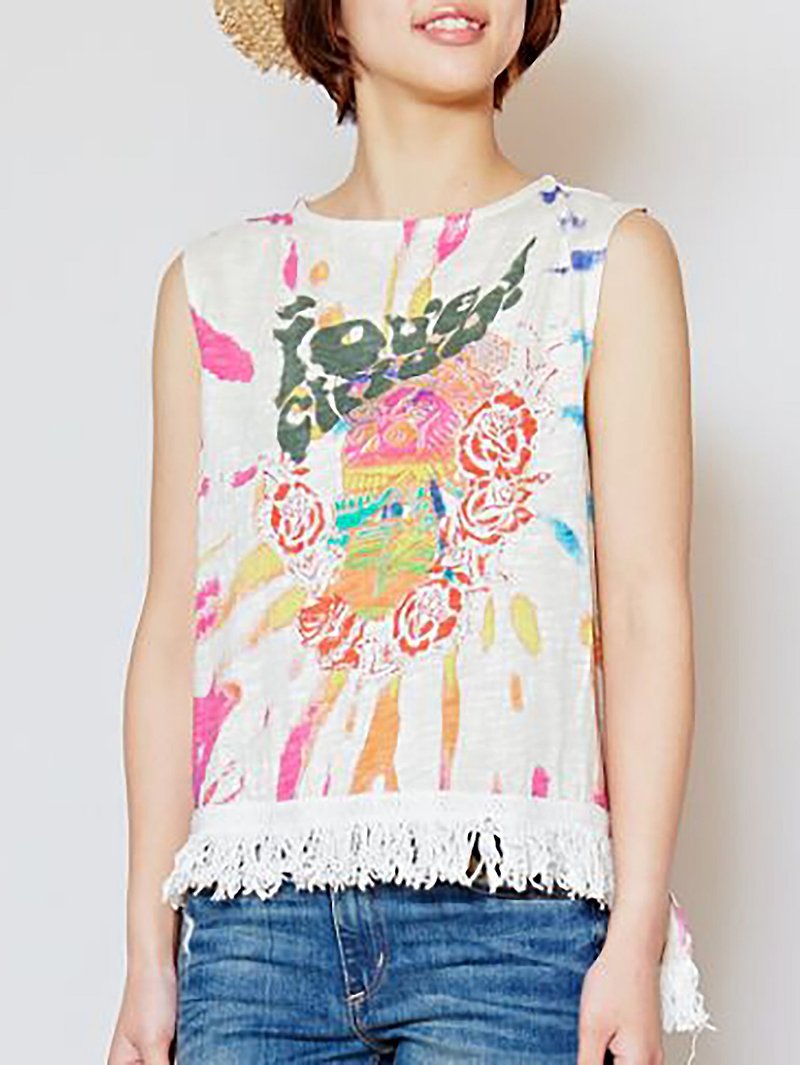 Pre-ordered summer 骷髅 rose rendering sleeveless top (two colors) IAC-8244 - เสื้อผู้หญิง - วัสดุอื่นๆ หลากหลายสี