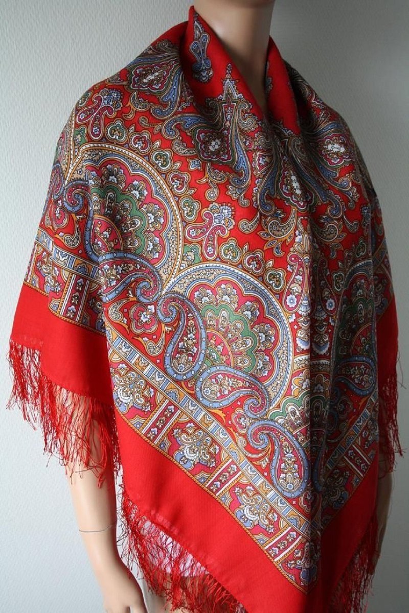 Pavlovo Posad Russian Shawl 100% Wool Scarf 125x125 cm Wrap Silk Fringe 1581-5 - 圍巾/披肩 - 羊毛 紅色