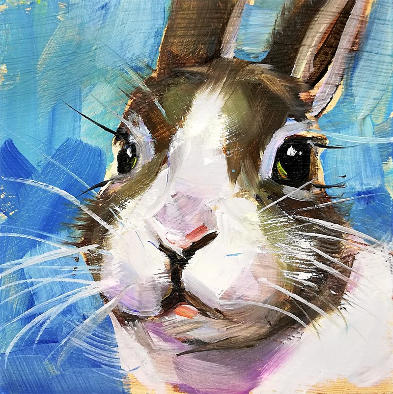 Bunny Rabbit Original Oil Painting Cute Animal Portrait Woodland Art - โปสเตอร์ - วัสดุอื่นๆ หลากหลายสี