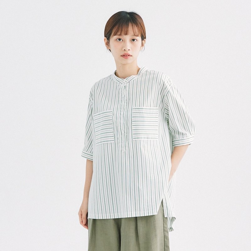 【Simply Yours】半開襟條紋上衣 綠F - 女上衣/長袖上衣 - 棉．麻 綠色