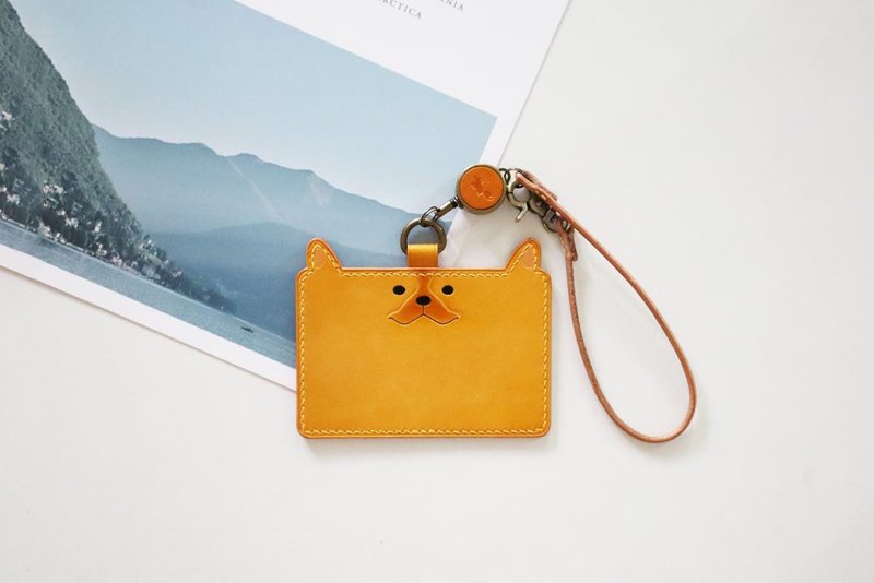 Fadou vegetable tanned leather leisure card holder with retractable lanyard - ID & Badge Holders - Genuine Leather Yellow