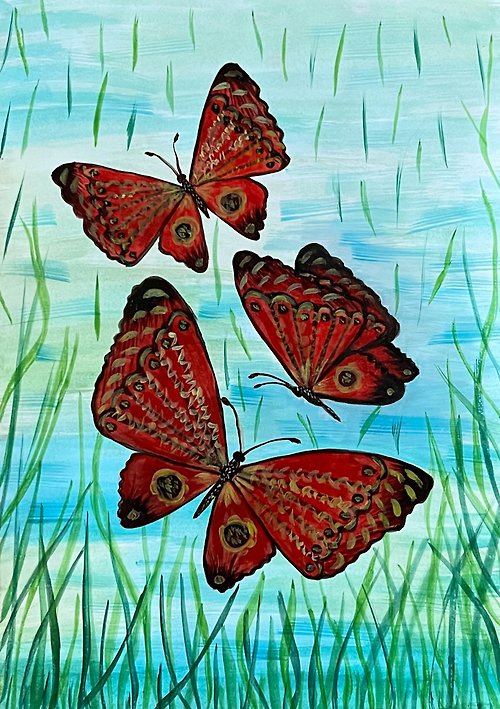 vernissage-VG-galery Openwork butterflies in green grass. Watercolor.